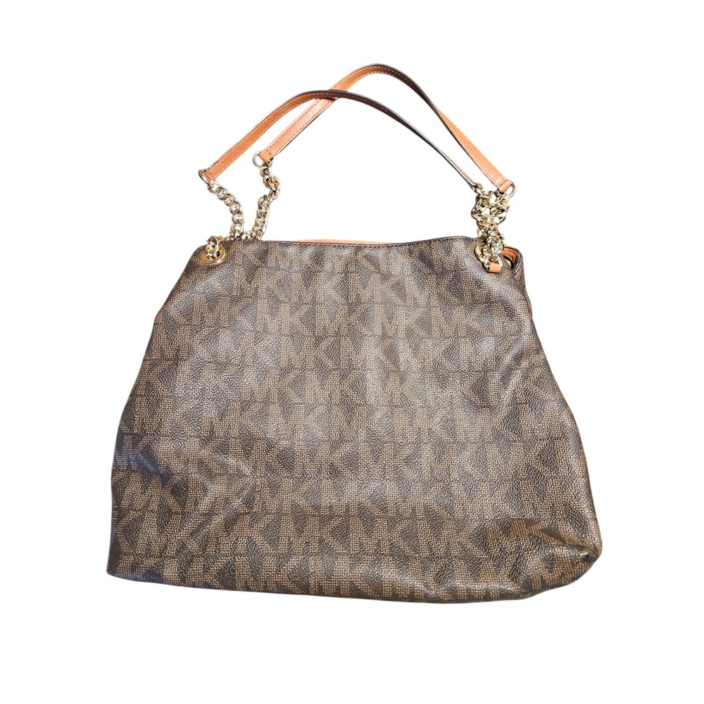 Michael Kors Signature Logo Brown Large Shoulder Bag Gold Chain Hobo - Flaw Int